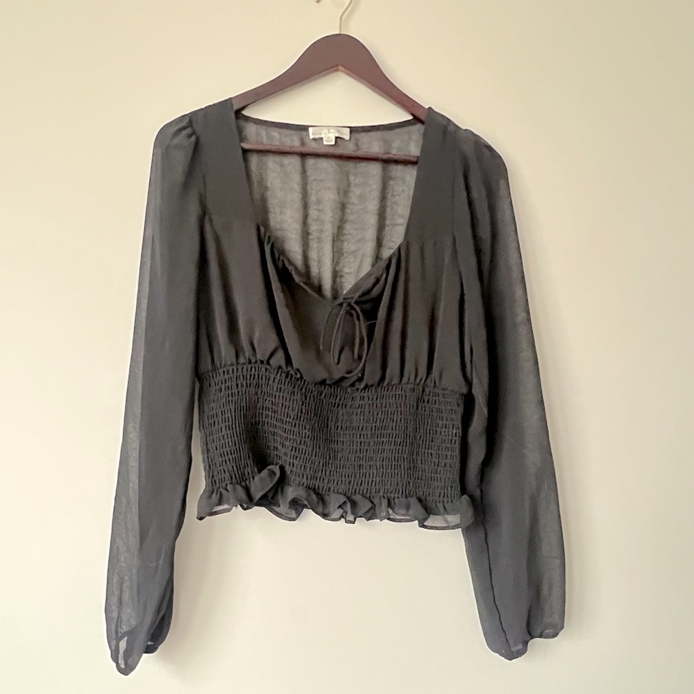 Cropped Shear Black Long Sleeve Top, size MEDIUM